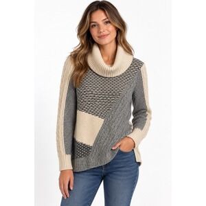 Ost Womens Cotton Cashmere Mixed Knit Turtleneck Sweater Grey Cream Small